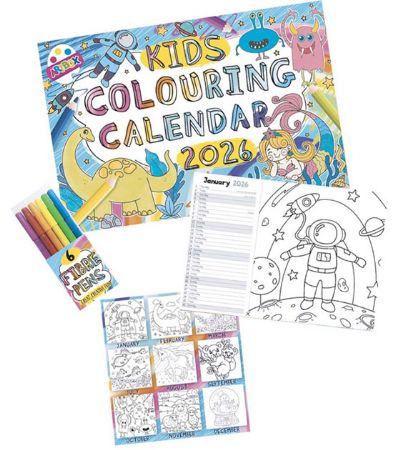 Kids Colouring 2026 Calendar With 6 Fibre Pens