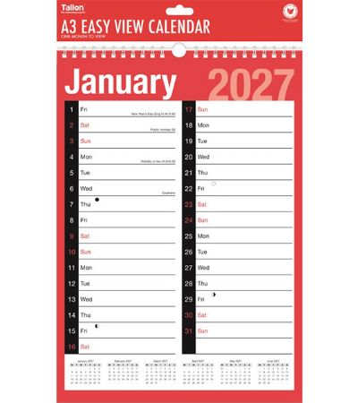 12x 2027  A3 Two Column Easy View Month To View Planner